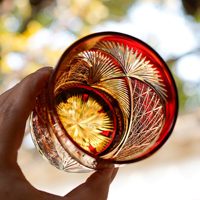 Whiskeyglas Edo Kiriko Kraanvogelveer Amber Handgemaakt Japans Kristal Houten Doos
