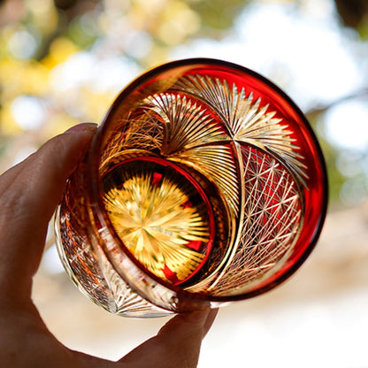 Whiskeyglas Edo Kiriko Kraanvogelveer Amber Handgemaakt Japans Kristal Houten Doos