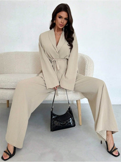 Dames Blazer en Broek Set Met Ceintuur Elegant