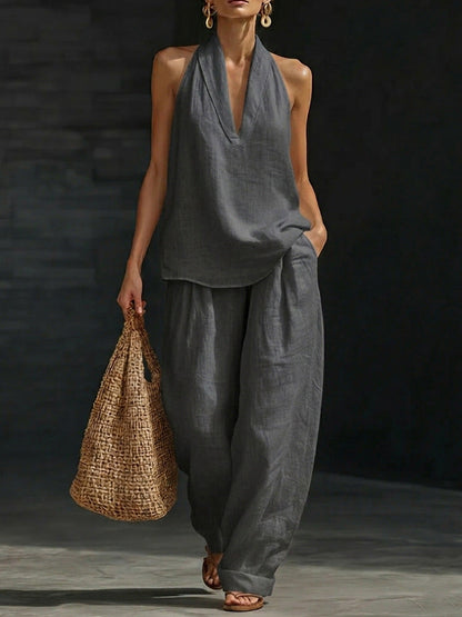 Dames Mouwloze Set Met Wijde Broek