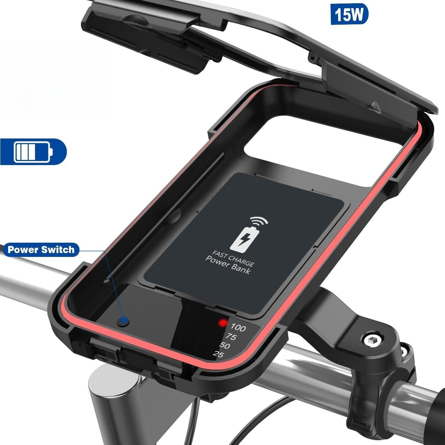 Waterdichte Telefoonhouder voor Fiets met 15W Draadloze Powerbank Zwart