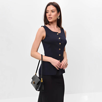 Dames Mouwloze met Knopen en Peplum