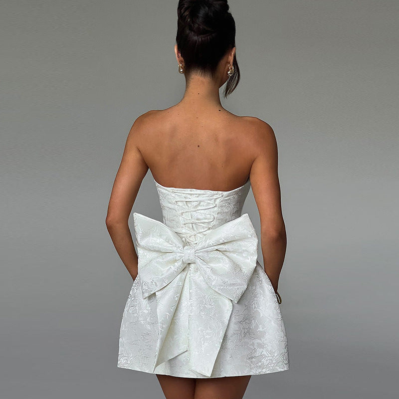 Korte Avondjurk Off-Shoulder Champagnejurk met Strik