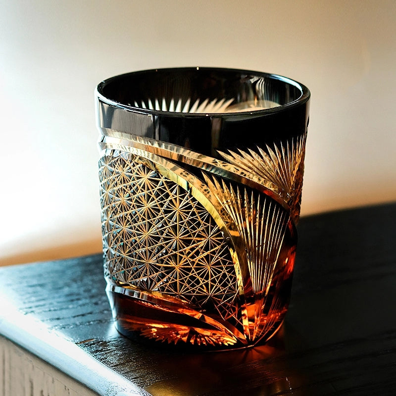 Whiskeyglas Edo Kiriko Kraanvogelveer Amber Handgemaakt Japans Kristal Houten Doos