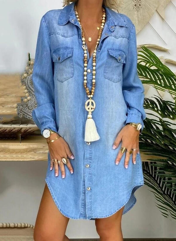 Lange Denim Jurk Overhemd Blauw Met Lange Mouwen - StudioMarella