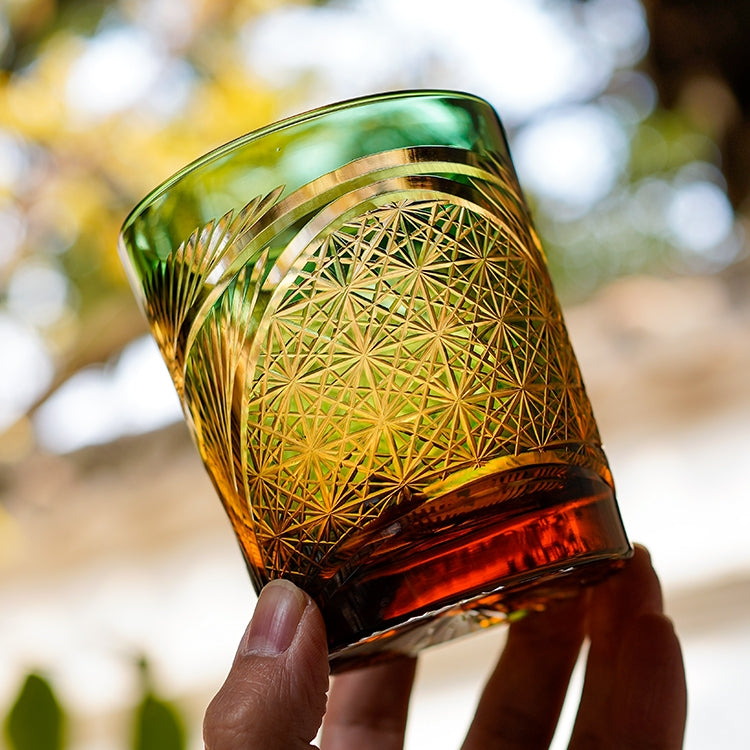 Whiskeyglas Edo Kiriko Kraanvogelveer Amber Handgemaakt Japans Kristal Houten Doos