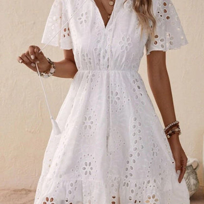 Korte Zomerjurk Wit van Katoen Bohemian Stijl