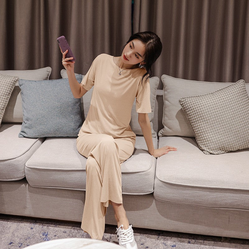 Wella Zomer Pyjama Set Korte Mouwen Wijde Pijpen IJsblauw
