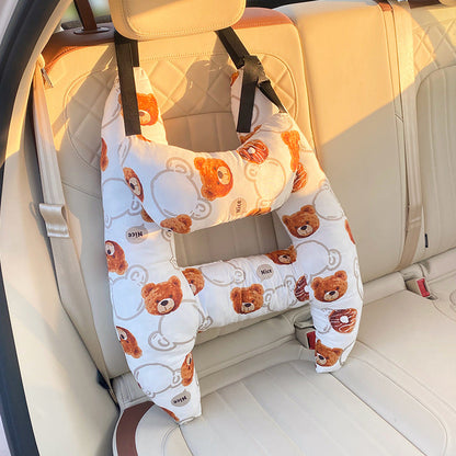Autokussen Kind Hoofdsteun Katoenmix 67x50cm Beige Reiskussen Auto Neksteun Kinderstoel Lange Rit Comfort Slaapondersteuning