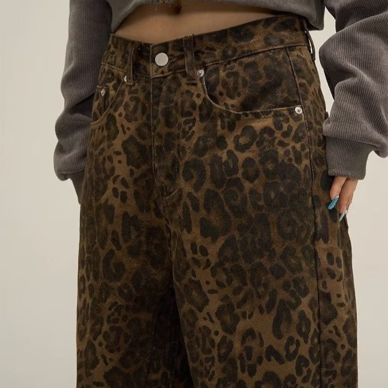 Dames Jeans Hoge Taille Luipaardprint Rechte Pijpen