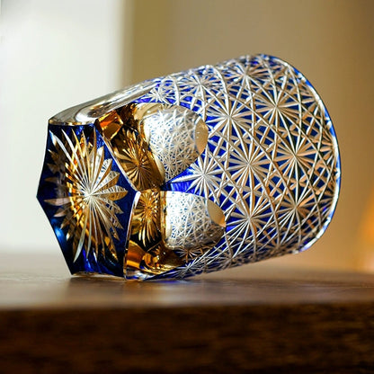 Whiskeyglas Edo Kiriko Blauw Amber Handgemaakt Sterchysant Sterrenzee Japans Kristal