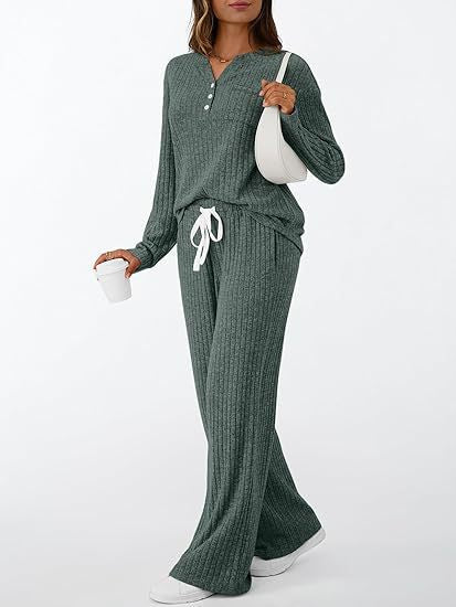 Dames Gebreide Henley en Broek Set Comfortabel