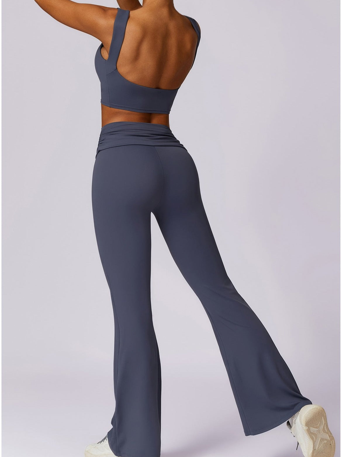 Donkerblauwe Flare Leggings voor Vrouw met Vouwband en Hoge Taille