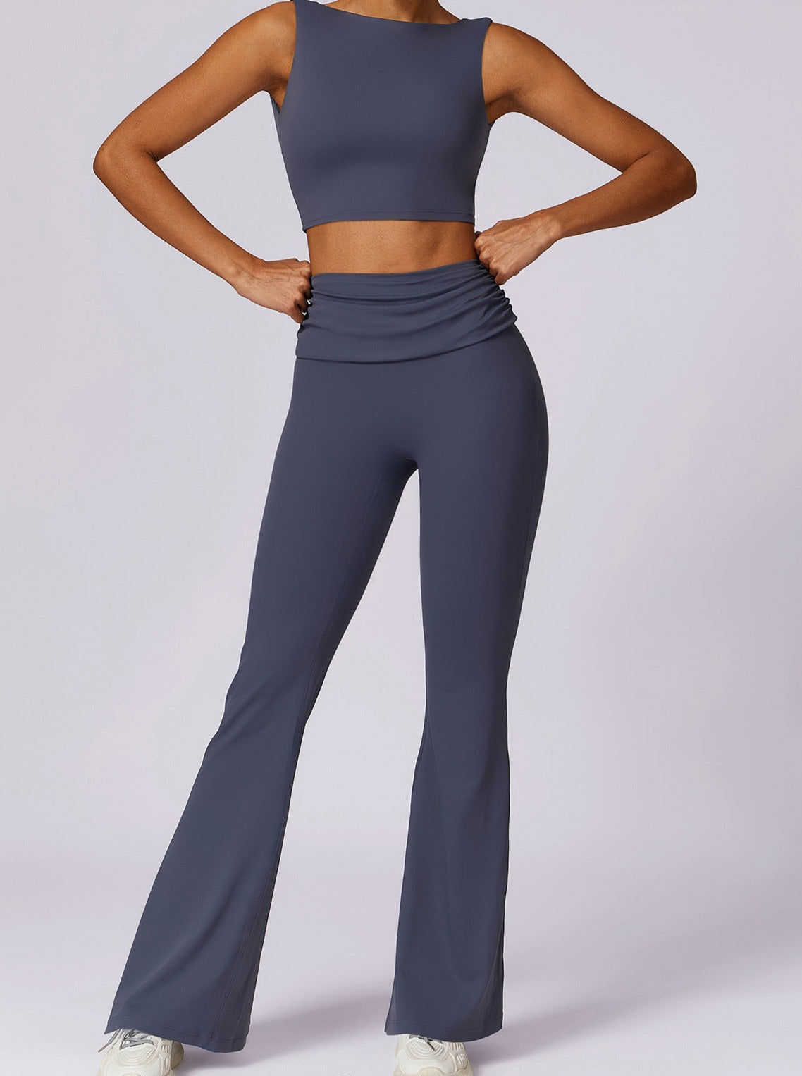 Donkerblauwe Flare Leggings voor Vrouw met Vouwband en Hoge Taille