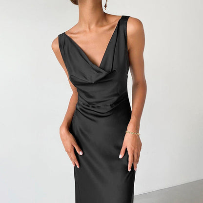 Elegante Satijnen Avondjurk Slim Fit met Drapé Hals