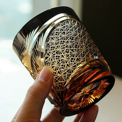 Whiskeyglas Edo Kiriko Kraanvogelveer Amber Handgemaakt Japans Kristal Houten Doos