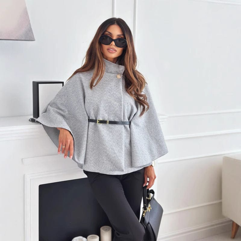 Wolcape Met Ceintuur Hoge Kraag Knopen Sluiting Elegant