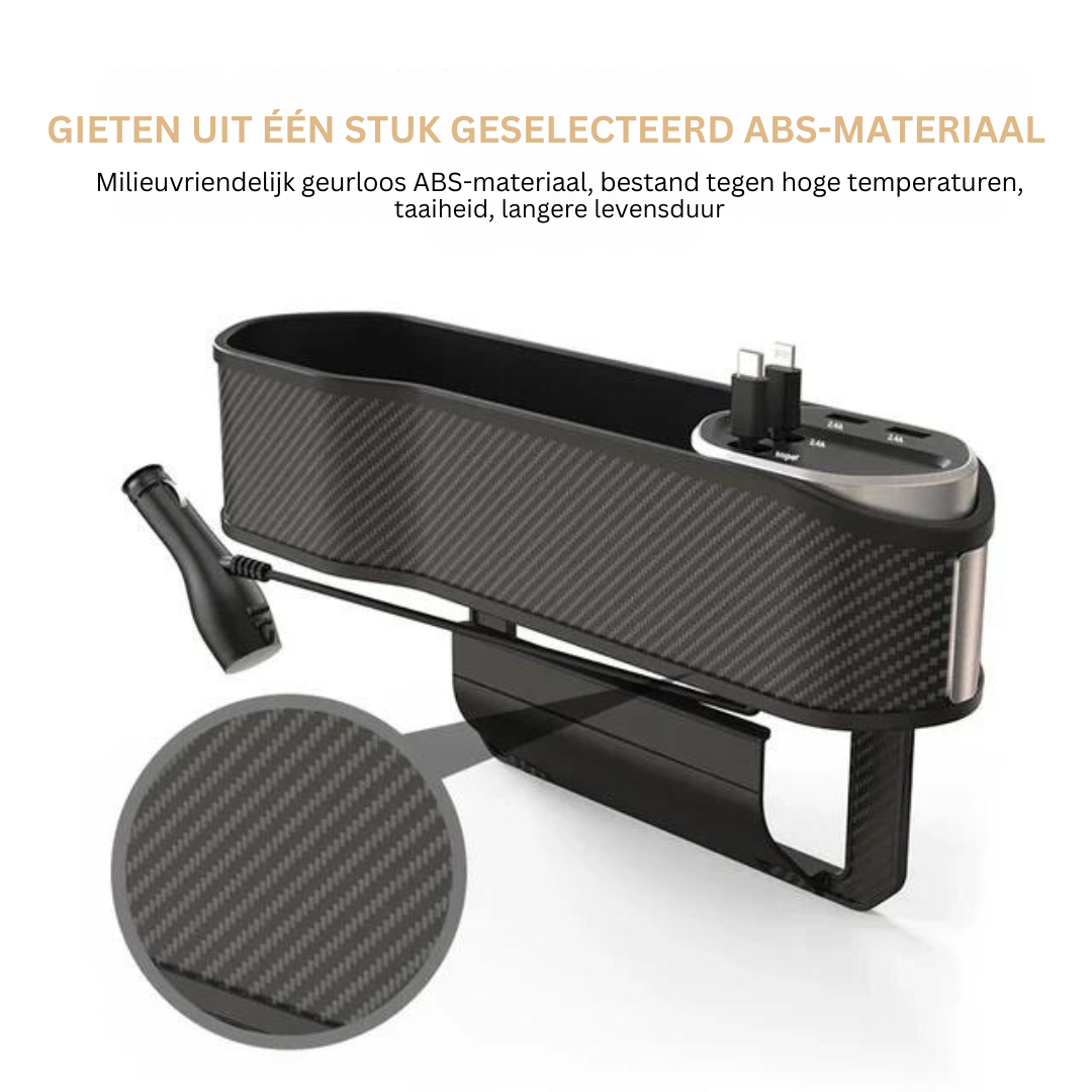 Multifunctionele Auto Organizer met Bekerhouder en Dubbele USB-Oplaadpoorten – Ruimtebesparend Opbergsysteem voor tussen Autostoelen