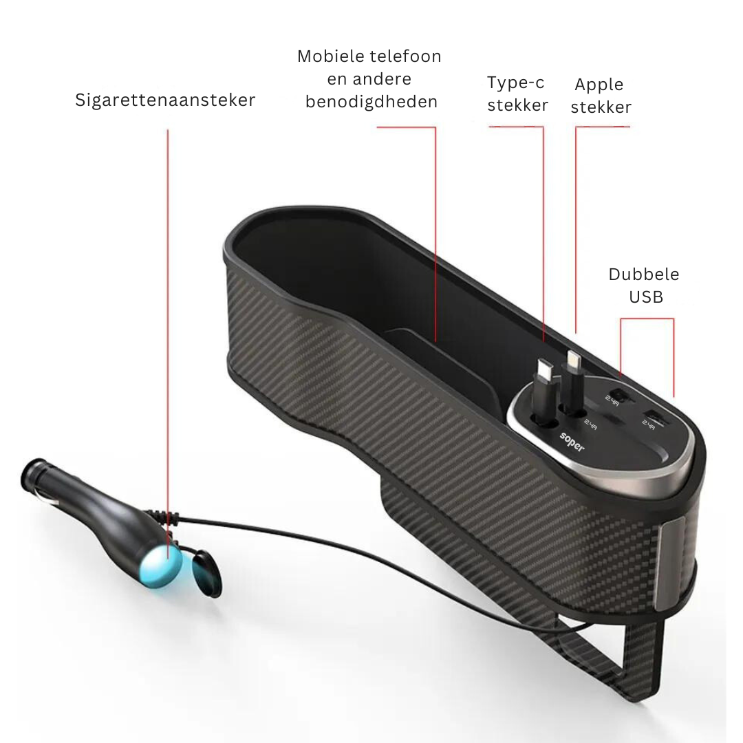 Multifunctionele Auto Organizer met Bekerhouder en Dubbele USB-Oplaadpoorten – Ruimtebesparend Opbergsysteem voor tussen Autostoelen