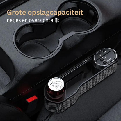 Multifunctionele Auto Organizer met Bekerhouder en Dubbele USB-Oplaadpoorten – Ruimtebesparend Opbergsysteem voor tussen Autostoelen