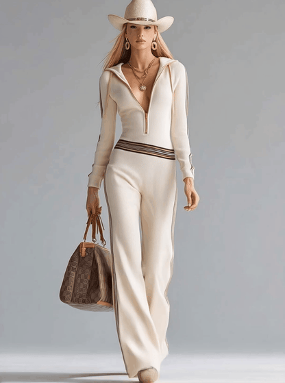 Dames Jumpsuit Gebreid Offwhite met Capuchon en Rits