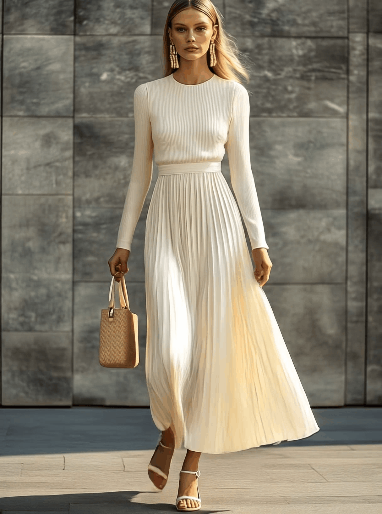 Dames Maxi Jurk met Gebreide Top en Geplooide Satijnen Rok