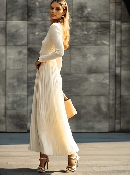 Dames Maxi Jurk met Gebreide Top en Geplooide Satijnen Rok