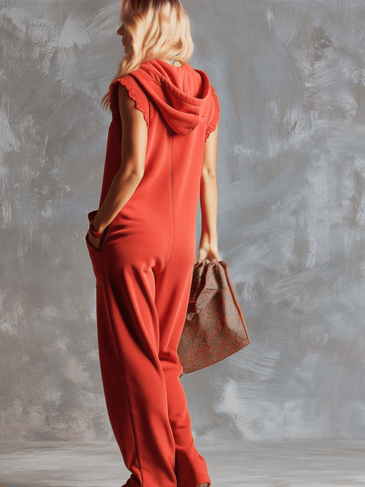 Dames Jumpsuit Sportief Katoen Framboosrood met Capuchon
