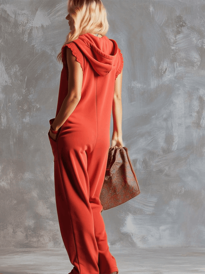 Dames Jumpsuit Sportief Katoen Framboosrood met Capuchon