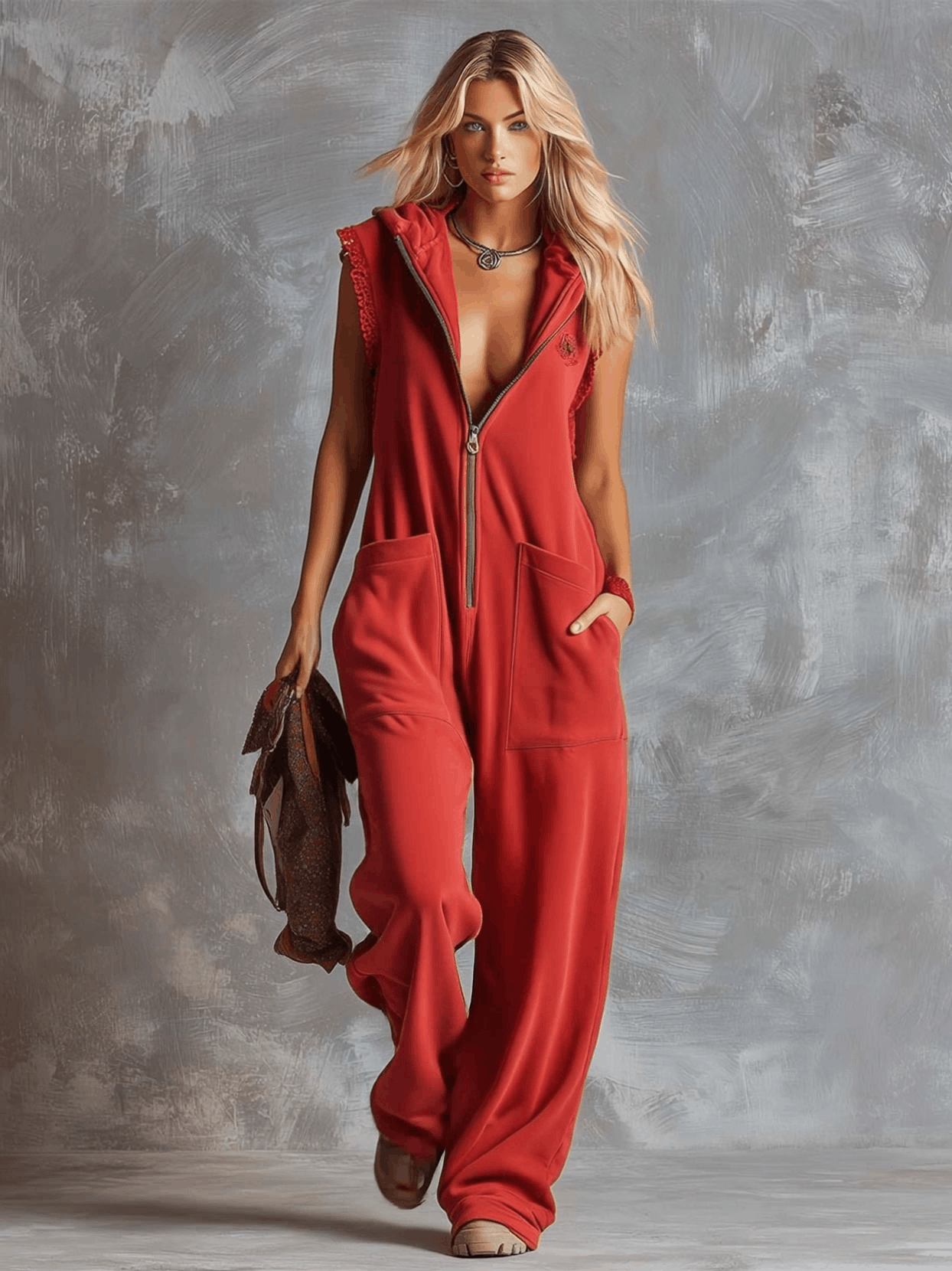 Dames Jumpsuit Sportief Katoen Framboosrood met Capuchon