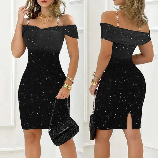 Off Shoulder Jurk Glanzend Kort Feminiene Zomerjurk - StudioMarella