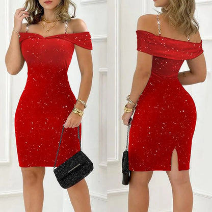 Off Shoulder Jurk Glanzend Kort Feminiene Zomerjurk