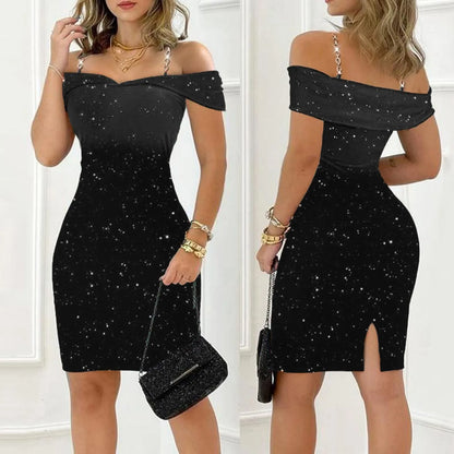 Off Shoulder Jurk Glanzend Kort Feminiene Zomerjurk
