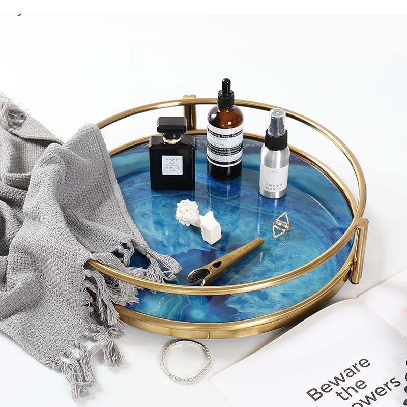 Decoratief Dienblad met Blauwe Agaatpatroon – Elegant Serveerblad met Glazen Inleg en Edelstalen Rand – Uniek Natuursteen Design voor Tafel en Interieur