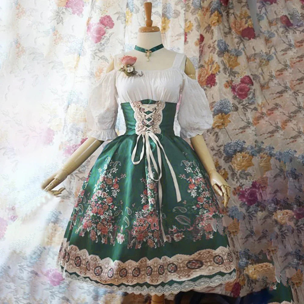 Oktoberfest Dirndl Jurk met Blauwe Rok en Witte Blouse