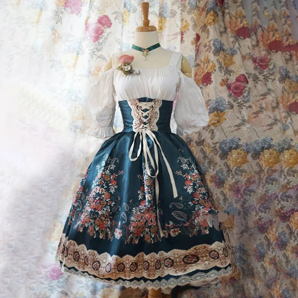 Oktoberfest Dirndl Jurk met Blauwe Rok en Witte Blouse