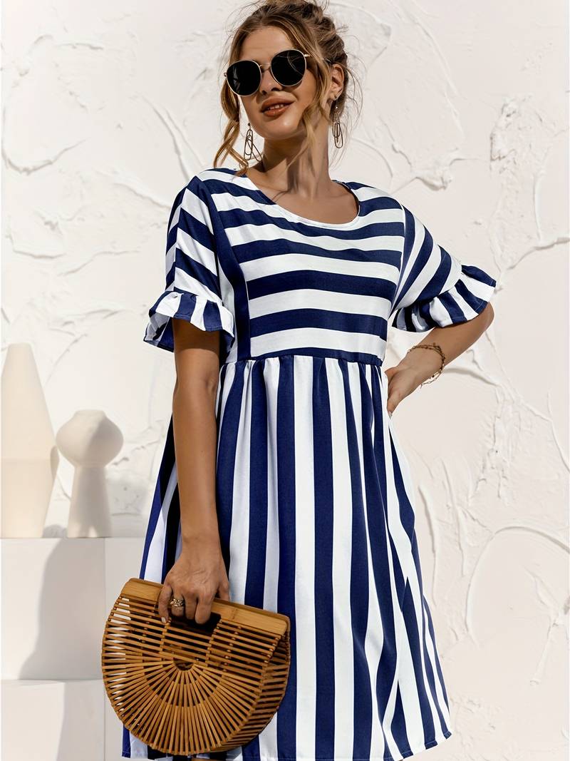 Elegante Jurk Korte Mouwen Gestreept Zomerjurk - StudioMarella