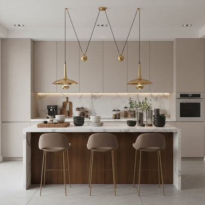 Verstelbare Hanglamp Onos – Hoogte-instelbaar met Tegengewichtbal – Chroom of Goud Metaal – Vintage 1970s Design – Retro Pendelverlichting voor Eettafel en Keukeneiland