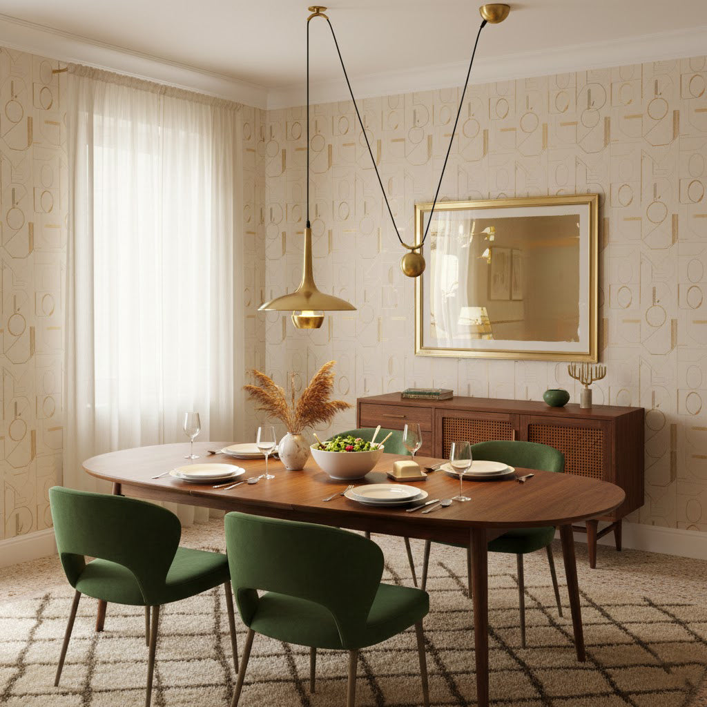 Verstelbare Hanglamp Onos – Hoogte-instelbaar met Tegengewichtbal – Chroom of Goud Metaal – Vintage 1970s Design – Retro Pendelverlichting voor Eettafel en Keukeneiland