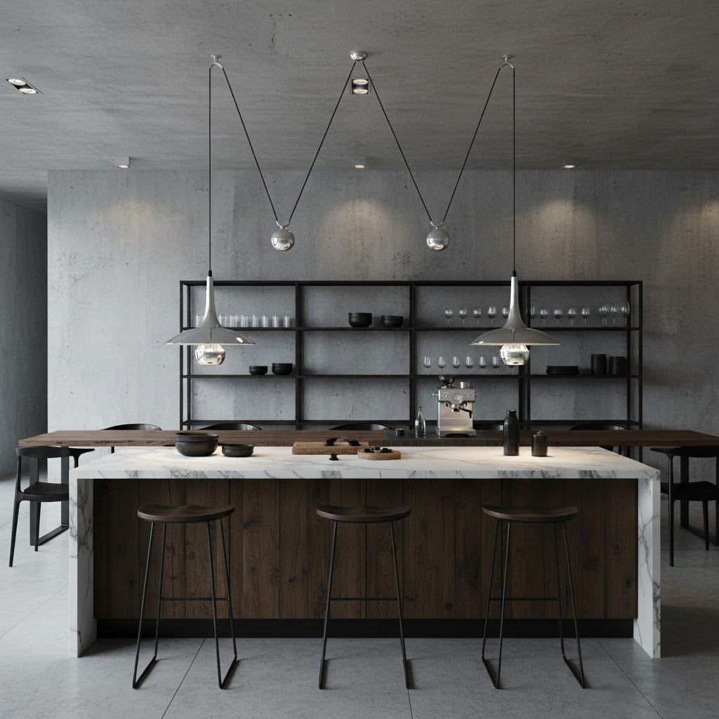 Verstelbare Hanglamp Onos – Hoogte-instelbaar met Tegengewichtbal – Chroom of Goud Metaal – Vintage 1970s Design – Retro Pendelverlichting voor Eettafel en Keukeneiland