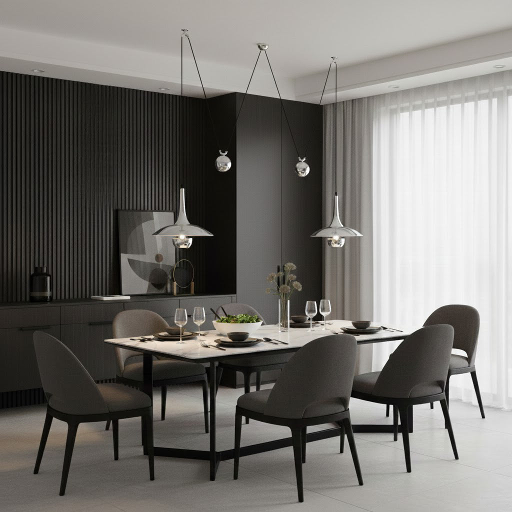 Verstelbare Hanglamp Onos – Hoogte-instelbaar met Tegengewichtbal – Chroom of Goud Metaal – Vintage 1970s Design – Retro Pendelverlichting voor Eettafel en Keukeneiland