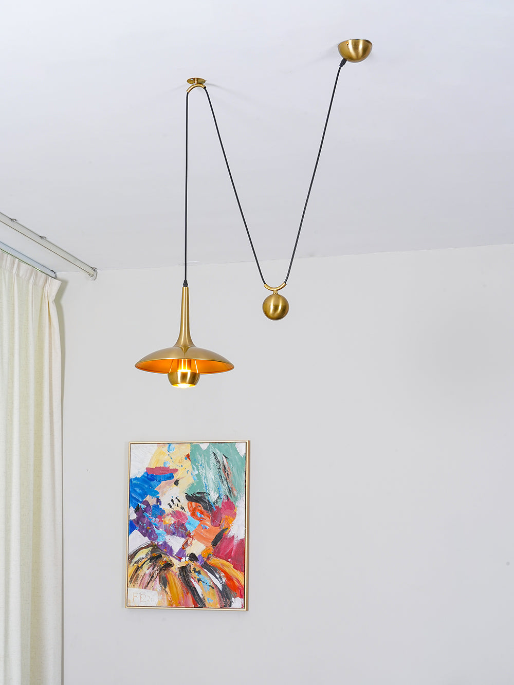 Verstelbare Hanglamp Onos – Hoogte-instelbaar met Tegengewichtbal – Chroom of Goud Metaal – Vintage 1970s Design – Retro Pendelverlichting voor Eettafel en Keukeneiland