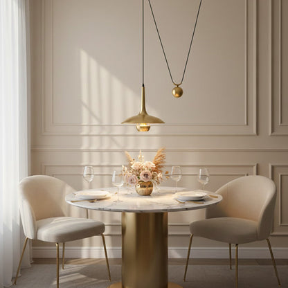 Verstelbare Hanglamp Onos – Hoogte-instelbaar met Tegengewichtbal – Chroom of Goud Metaal – Vintage 1970s Design – Retro Pendelverlichting voor Eettafel en Keukeneiland