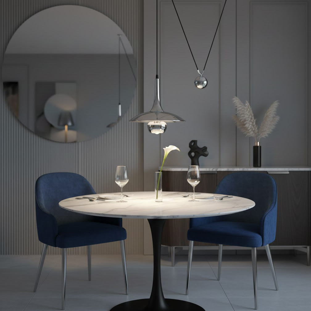Verstelbare Hanglamp Onos – Hoogte-instelbaar met Tegengewichtbal – Chroom of Goud Metaal – Vintage 1970s Design – Retro Pendelverlichting voor Eettafel en Keukeneiland
