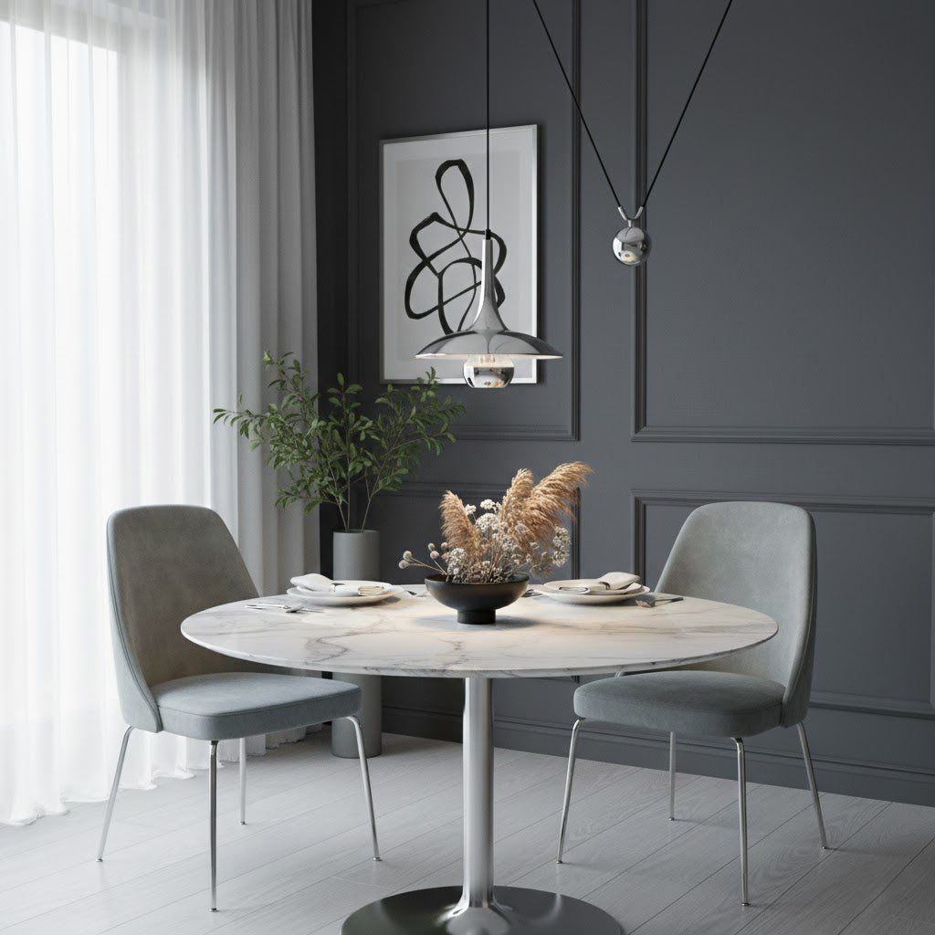 Verstelbare Hanglamp Onos – Hoogte-instelbaar met Tegengewichtbal – Chroom of Goud Metaal – Vintage 1970s Design – Retro Pendelverlichting voor Eettafel en Keukeneiland