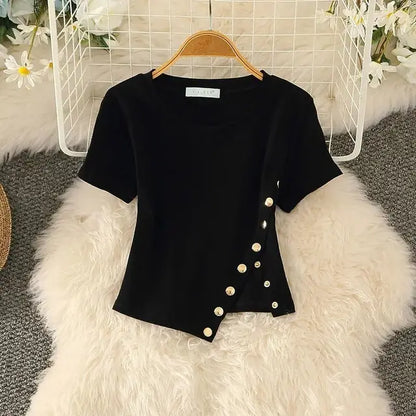 Vrouwelijk Kort Mouwen T-Shirt Asymmetrisch Modelo - StudioMarella