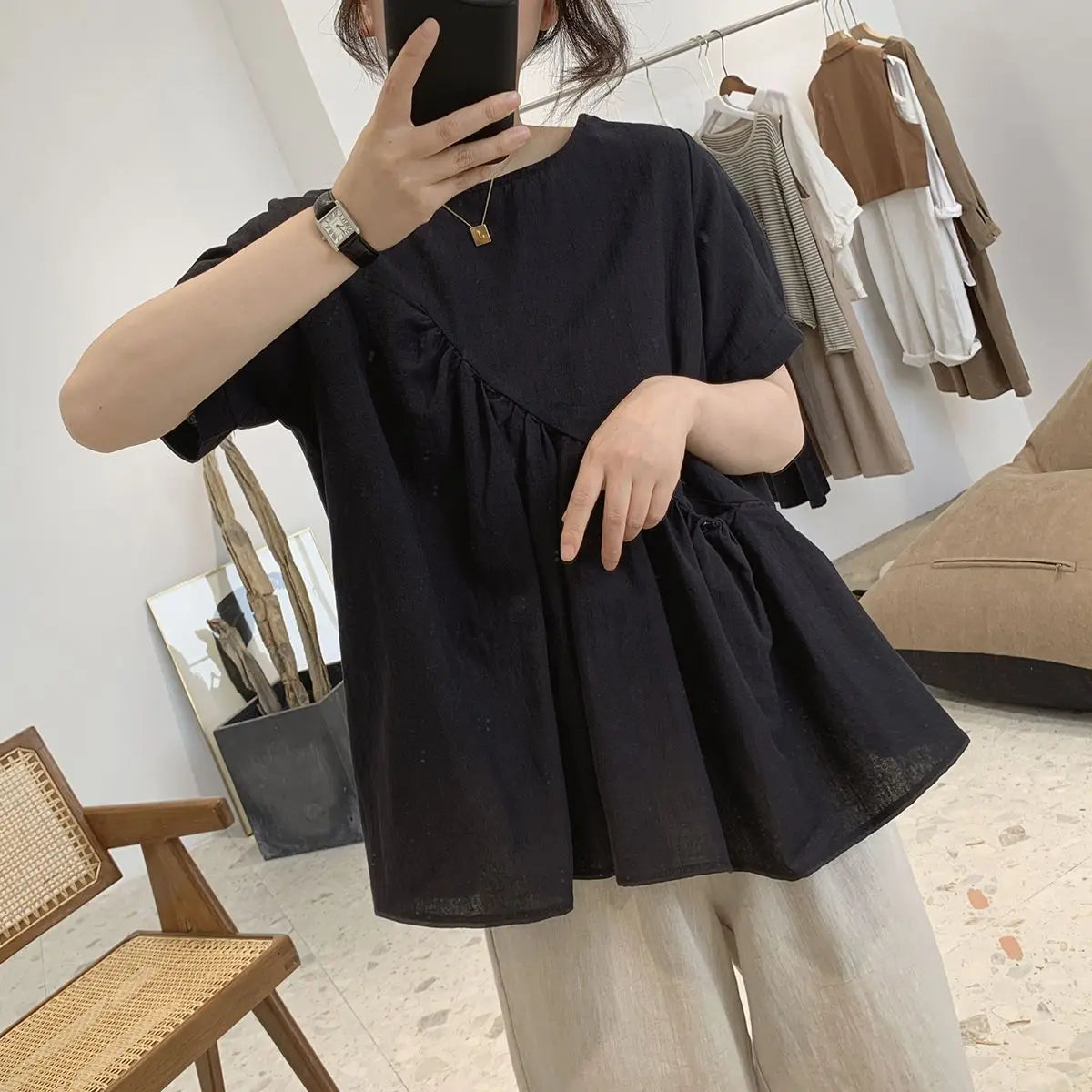 Katoenen Poppenblouse Zomerse Linnen Stijl voor Vrouw