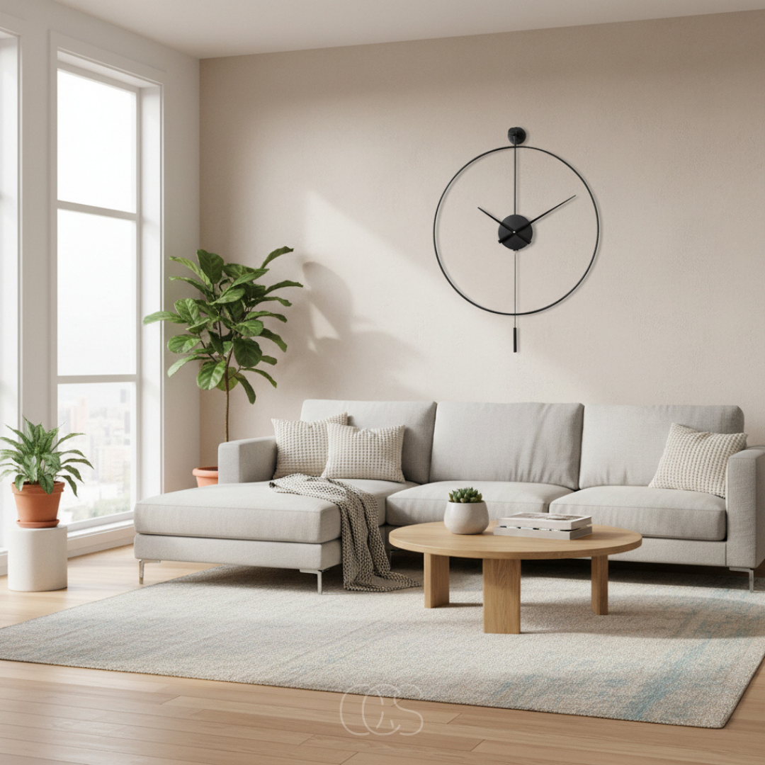Wandklok Groot 50cm Stil Quartz Metaal Zwart Slinger Klassiek Modern Woonkamer Slaapkamer