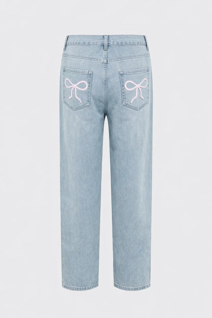 Hoge Taille Jeans met Kersenprint Wide Leg Broek