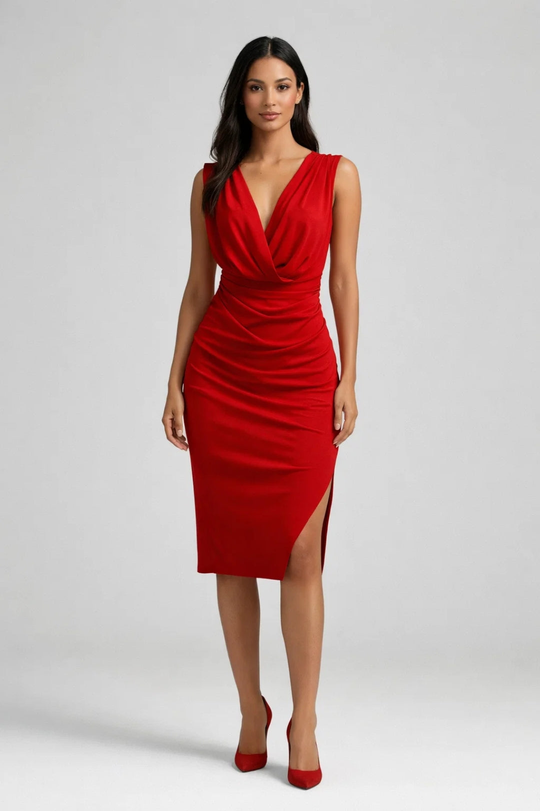 Elegante Midi Jurk Dames met V-hals en Splithals